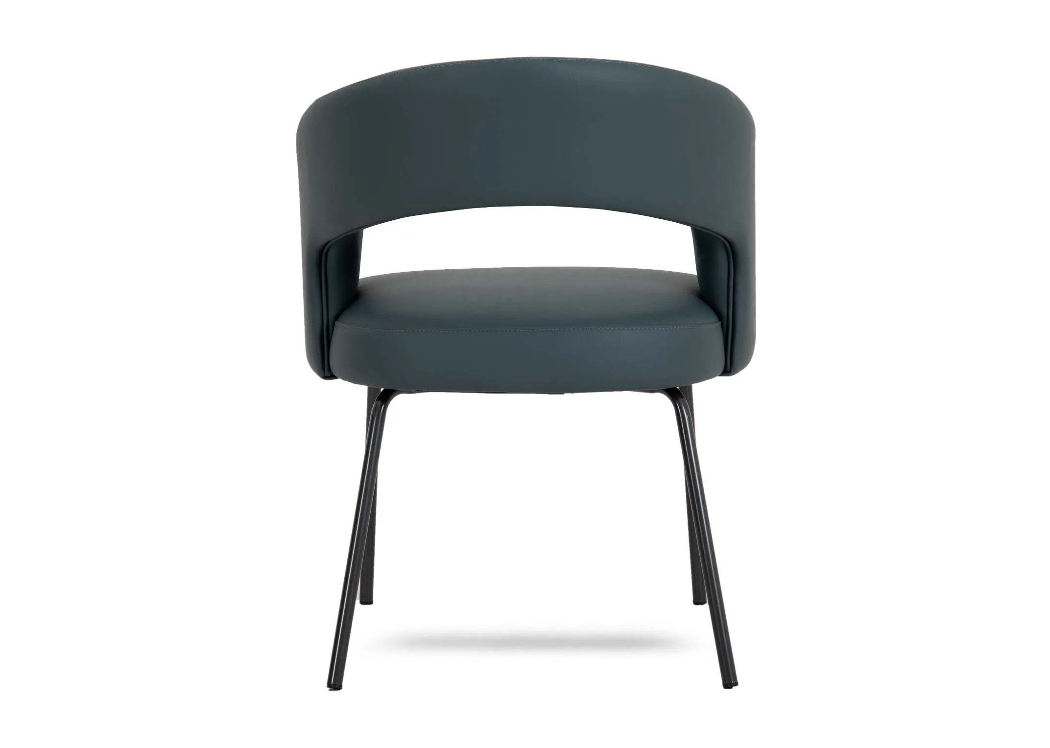 A blue leather dining chair with padded seat back and seat from EZ Livings Matteo range. Back view of space for buttocks