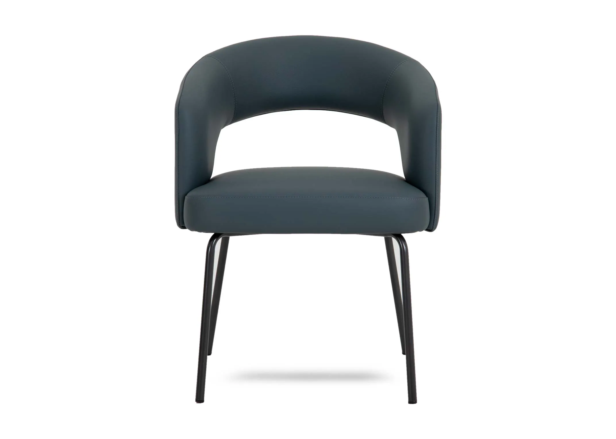 A blue leather dining chair with padded seat back and seat from EZ Livings Matteo rangeFront view of cushioned seat