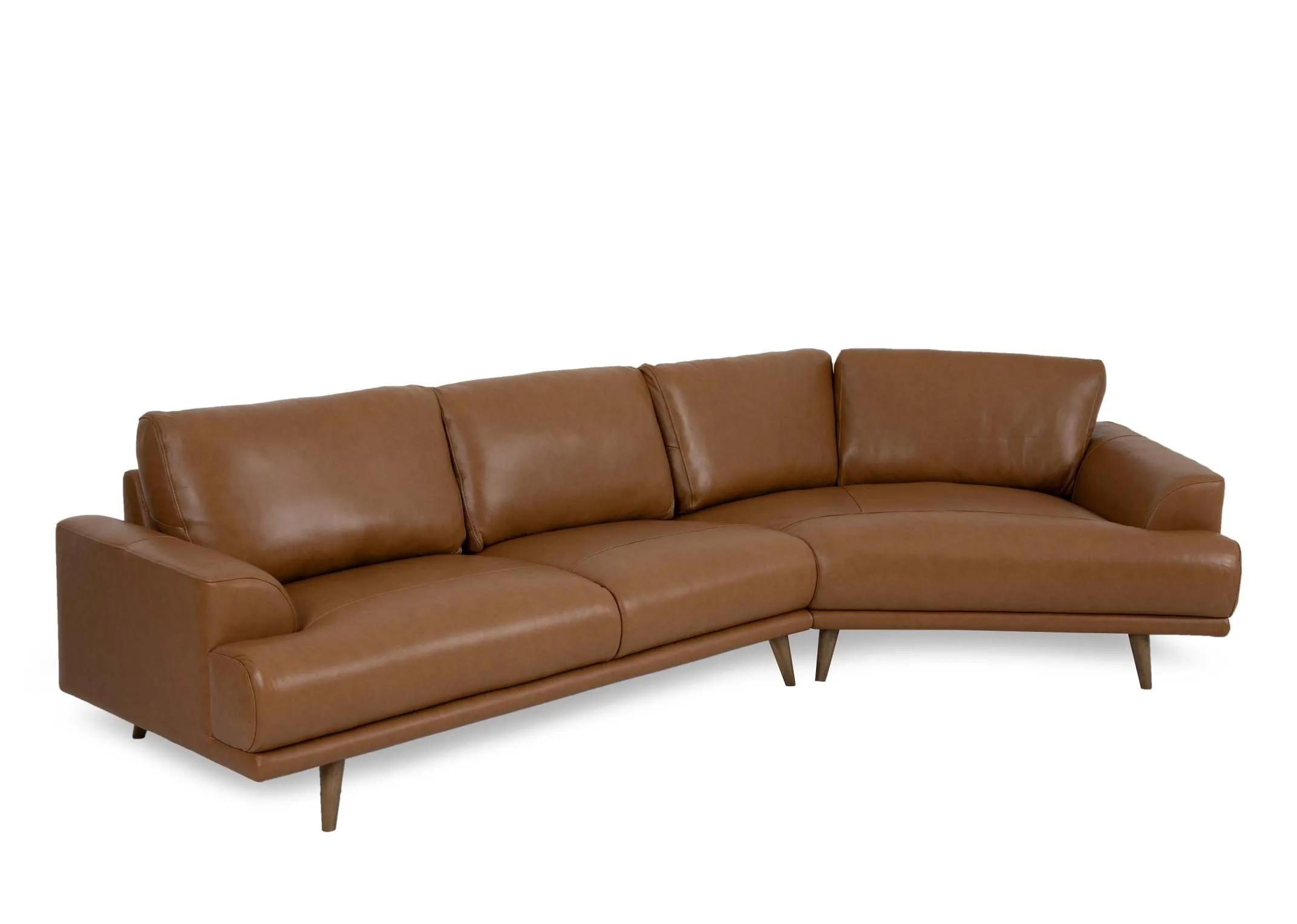 A tan brown leather corner chaise with oak legs from EZ Living Furnitures Legend range. Angled view