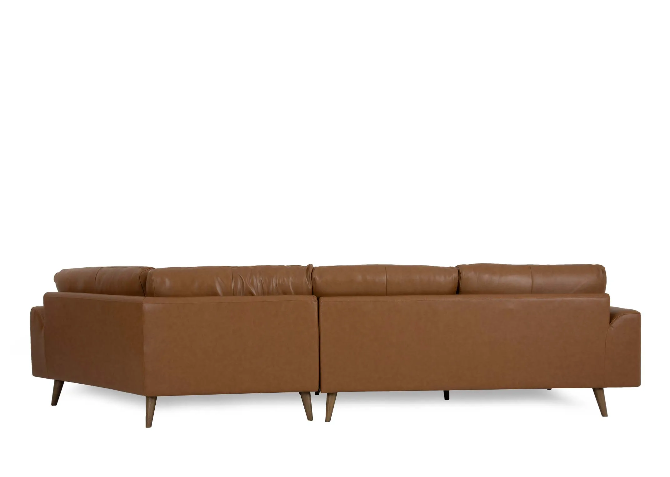 A tan brown leather corner chaise with oak legs from EZ Living Furnitures Legend range. Back view