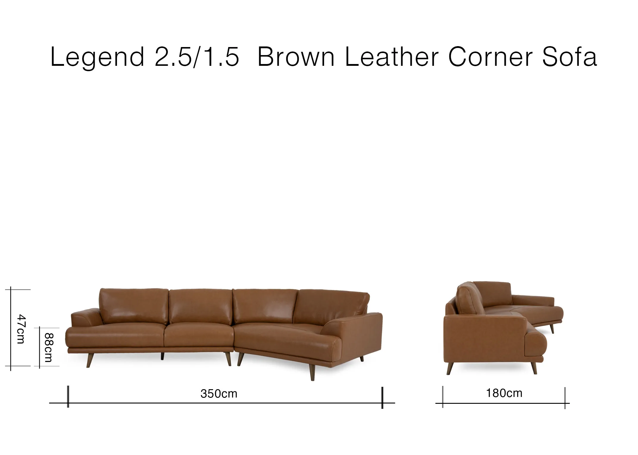 A dimension image of the Legend Leather Corner Sofa with RHF Corner with 330cm W x 180cm D x 88cm H
