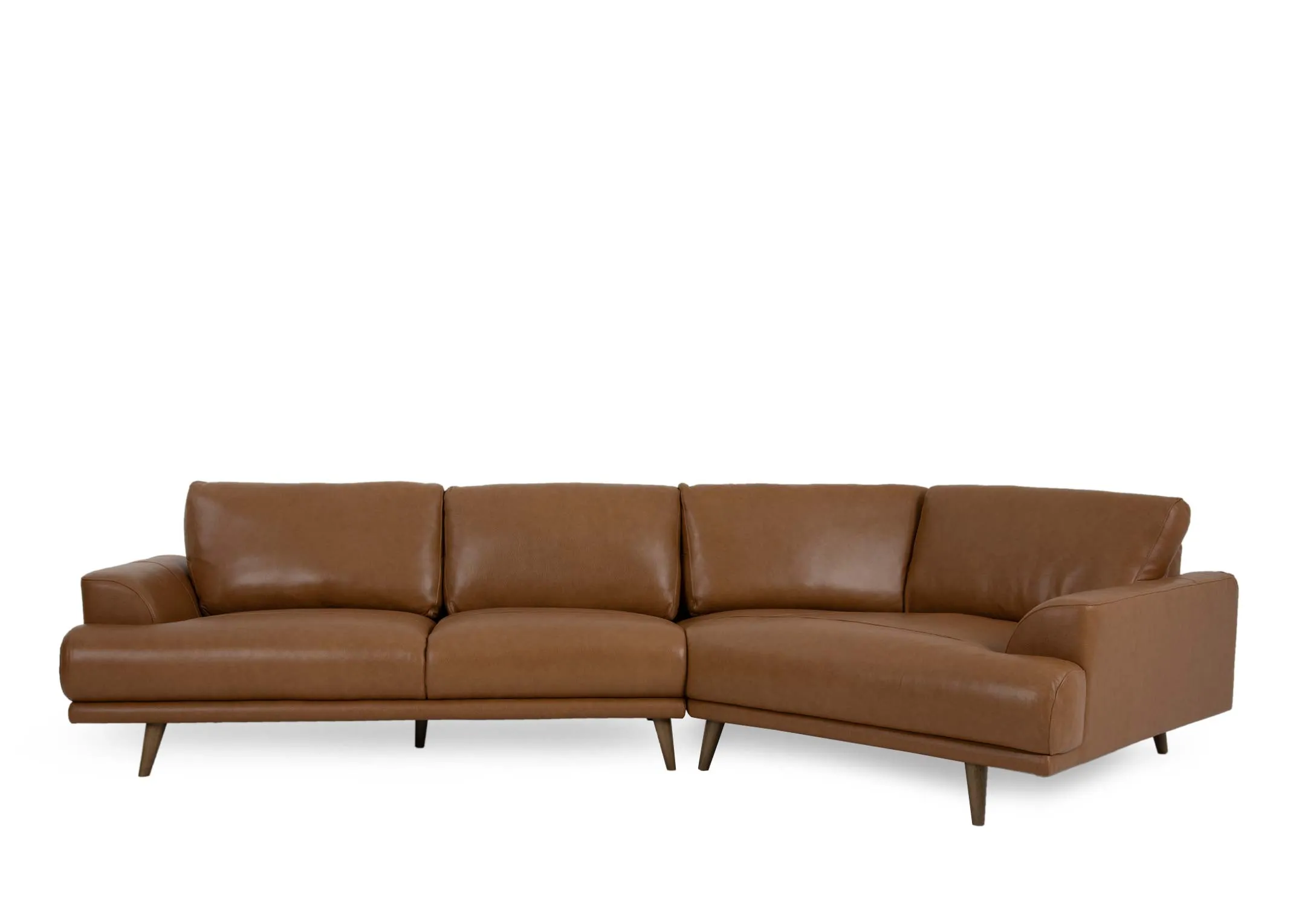 A tan brown leather corner chaise with oak legs from EZ Living Furnitures Legend range. Front view of angled sofa.