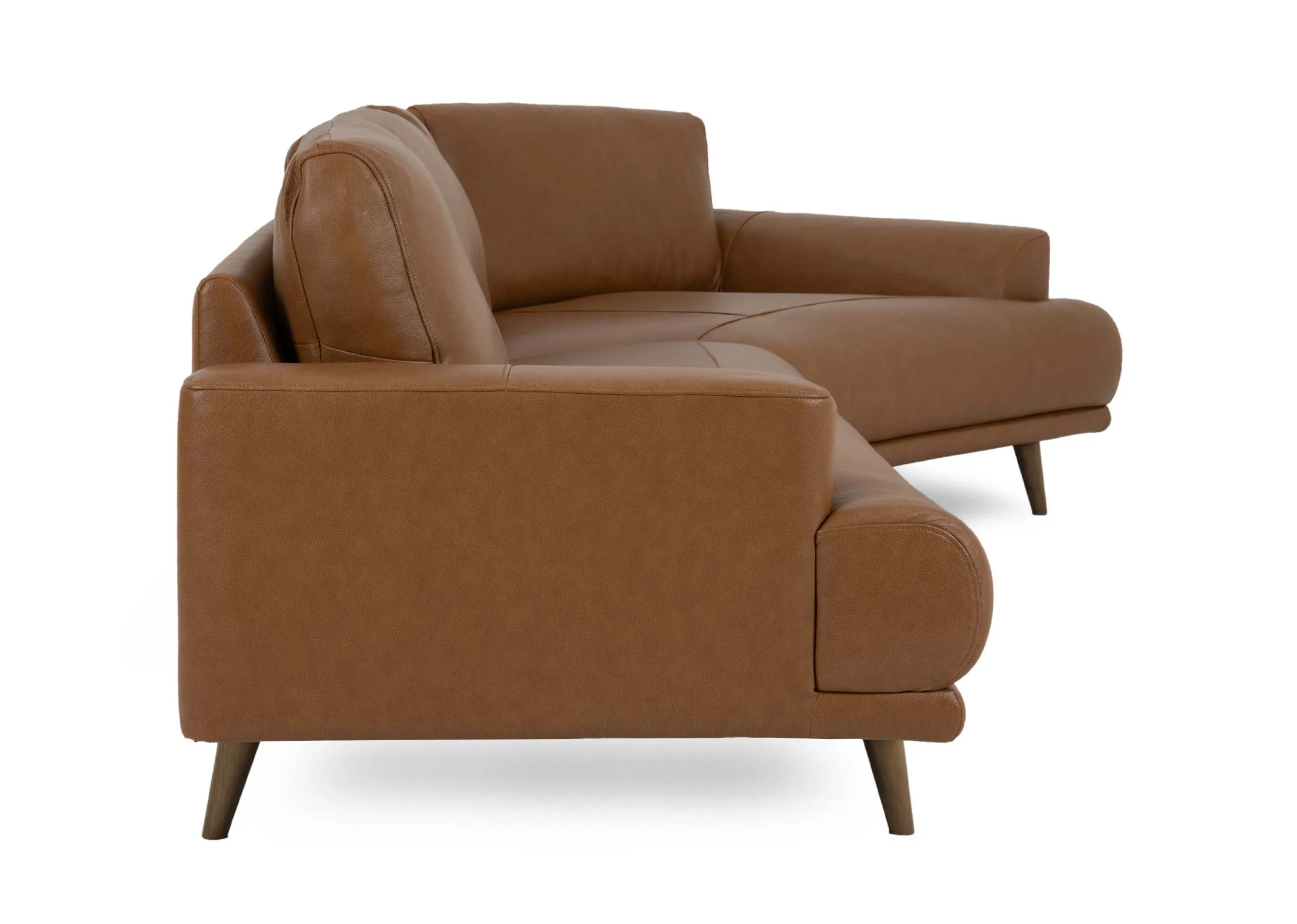A tan brown leather corner chaise with oak legs from EZ Living Furnitures Legend range. Side view