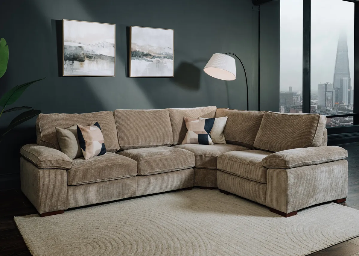 A beige cord fabric RHF corner sofa from EZ Livings Westport range. Closeup of cord fabric