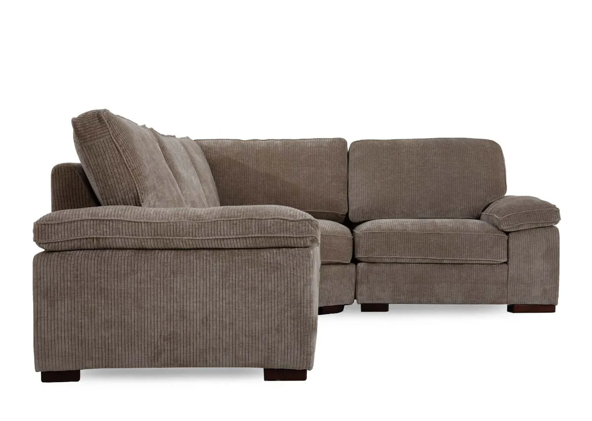 A beige cord fabric RHF corner sofa from EZ Livings Westport range. Front view of 2 seater corner and lhf corner piece.
