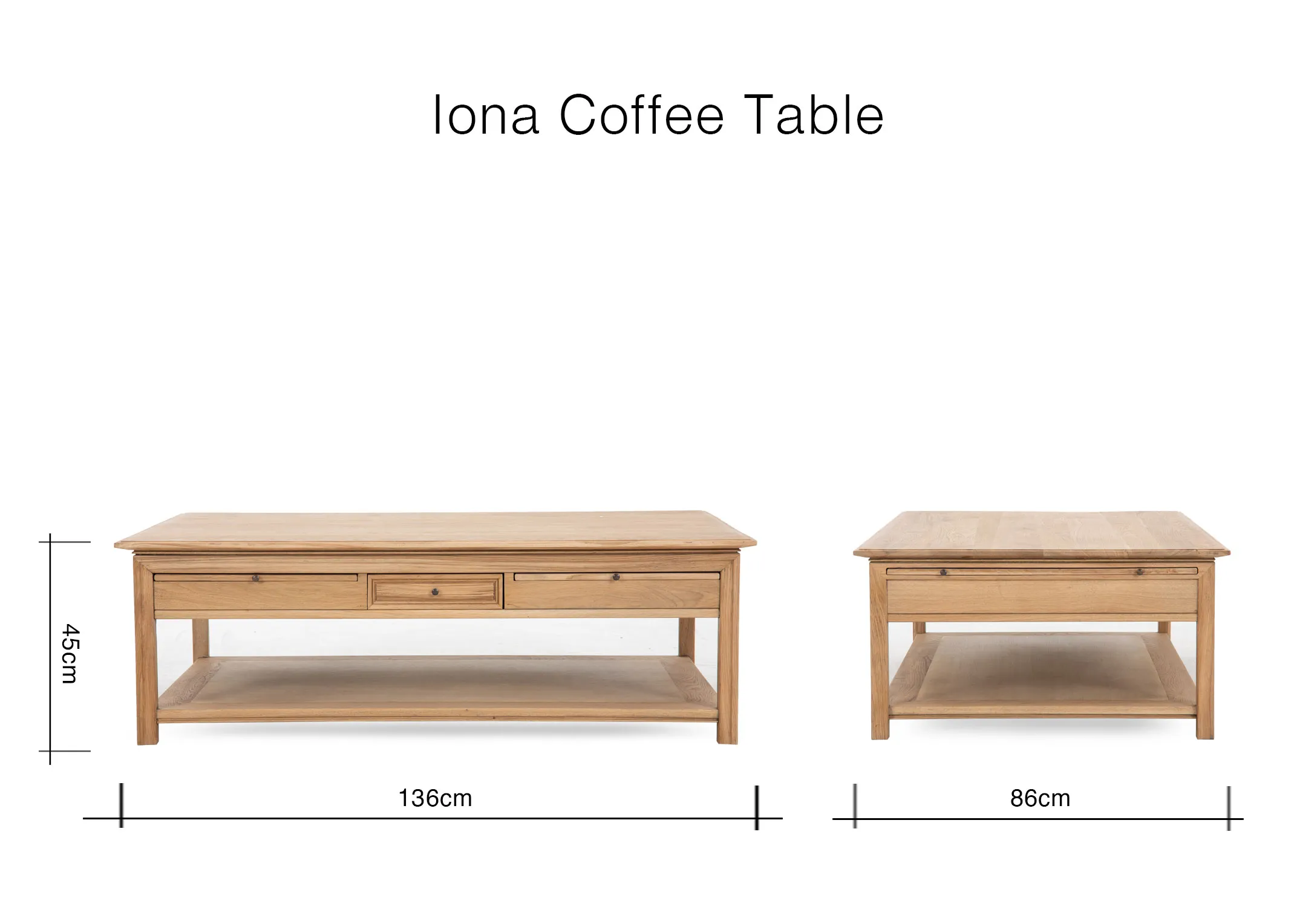 A dimension image of the Iona Coffee Table with 136cm x 86cm x 46cm