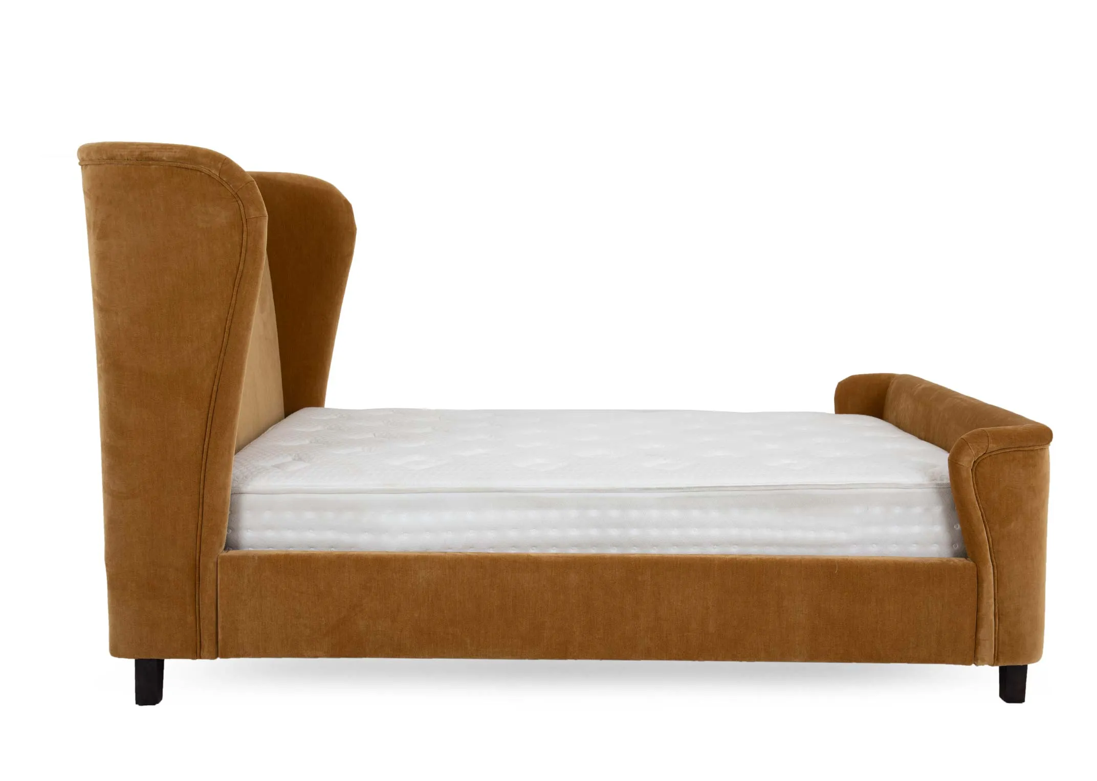 A 5ft gold velvet bedframe from EZ Livings Maison range.Side view of winged sides.