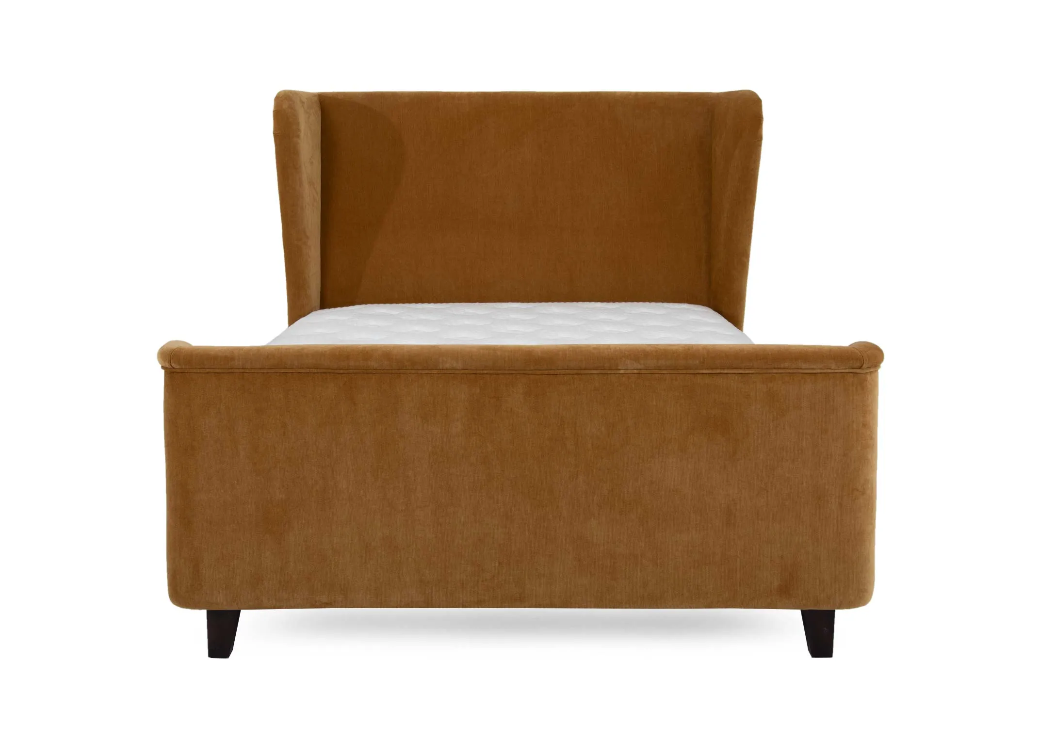 A 5ft gold velvet bedframe from EZ Livings Maison range.Front view of high footboard and plain high headboard