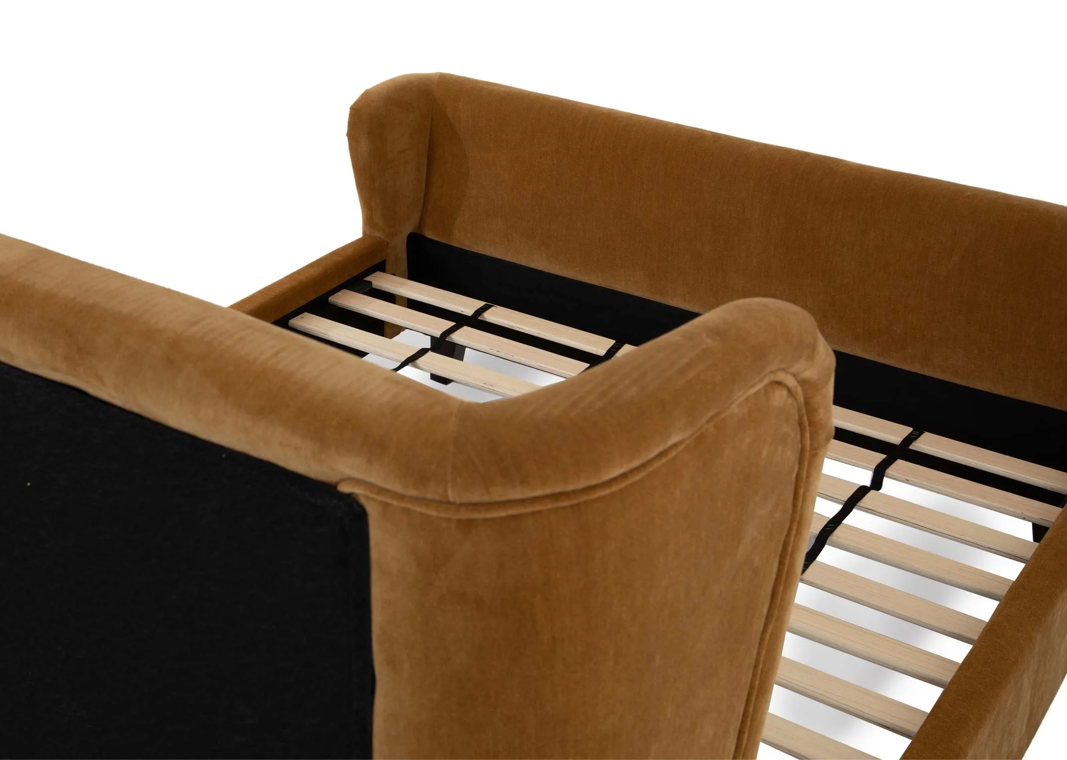 A 5ft gold velvet bedframe from EZ Livings Maison range.Back view of slat base.