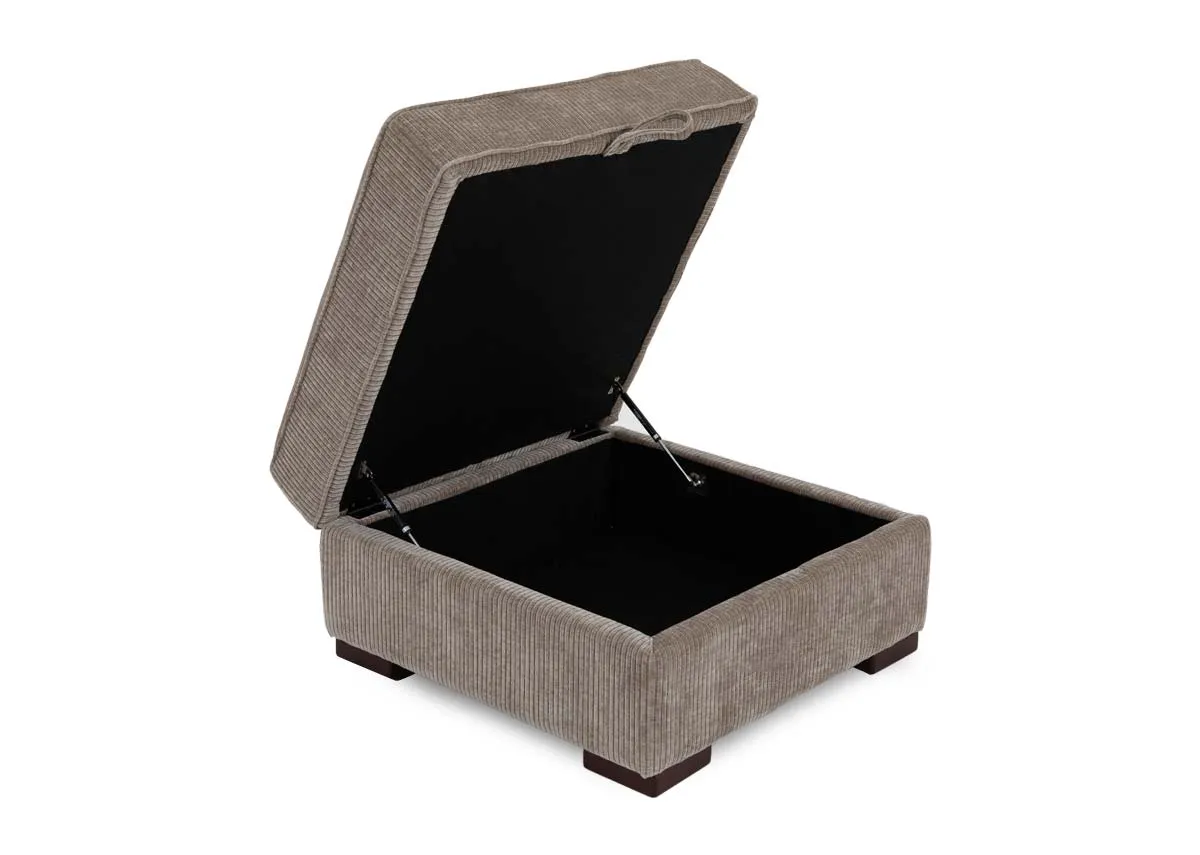 A beige square cord footstool from EZ Livings Westport range. Angled view of ottoman open to shwo storage