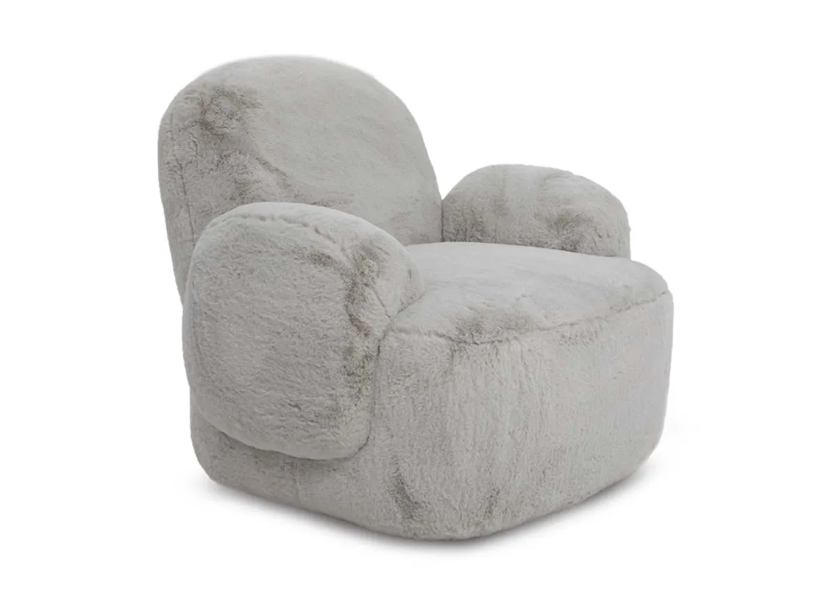 A light grey furry swivel chair from EZ Livings Fury range. Angled view
