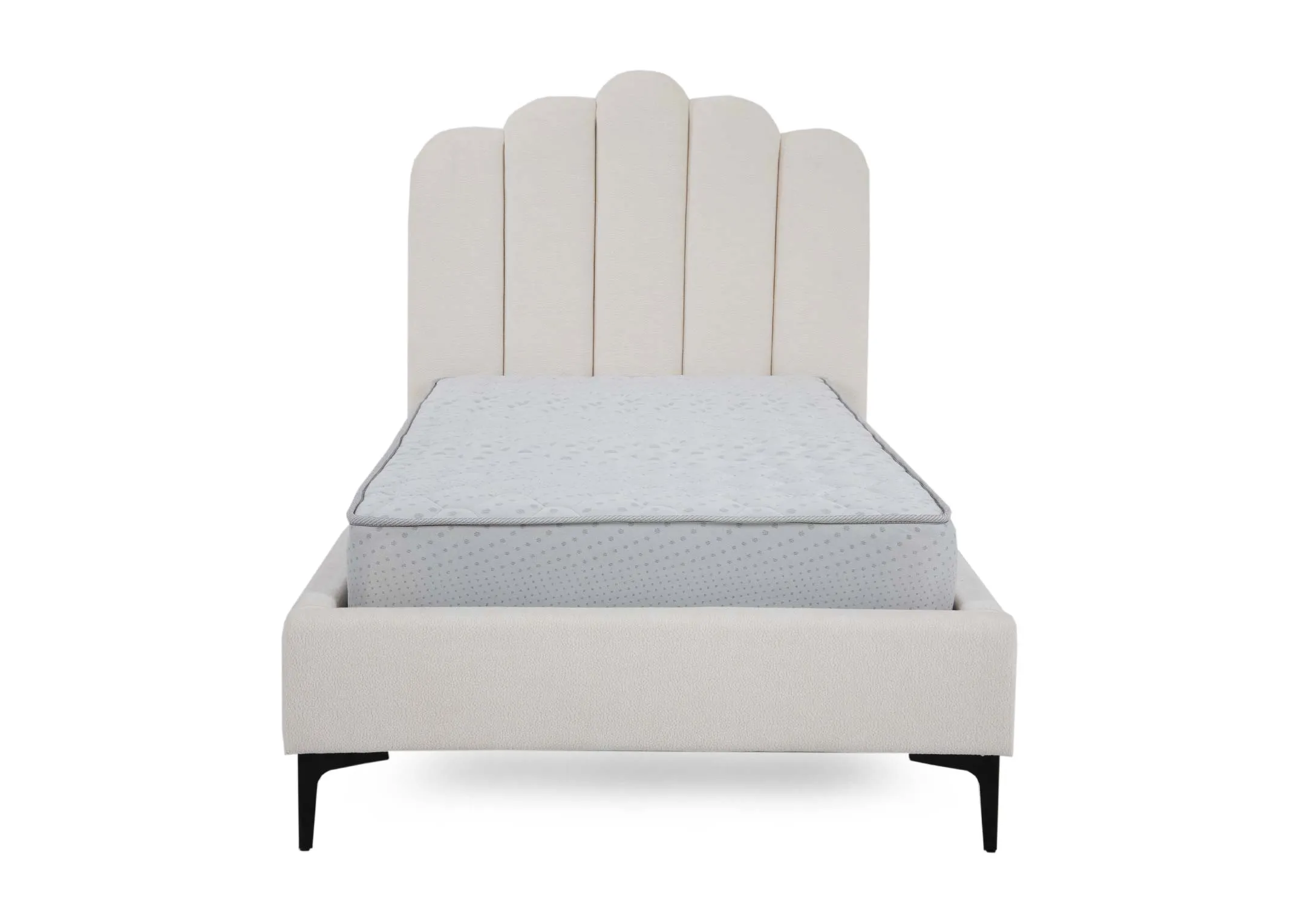 A white single bedframe with scalloped headboard from EZ Livings Faye range. Front view