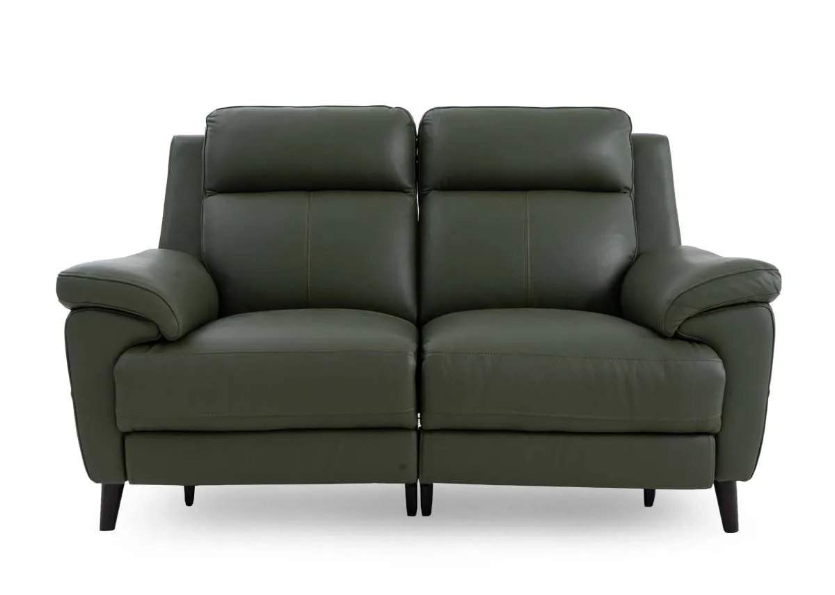 A 2 seater leather power recliner from EZ Livings Elliot range. Front view of padded seat and back