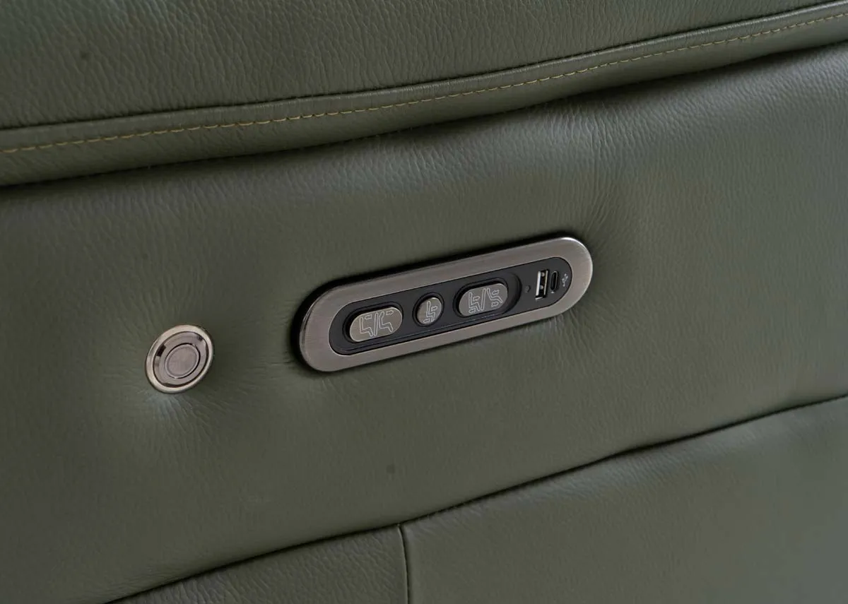 A 2 seater leather power recliner from EZ Livings Elliot range. Closeup of the power remote  button with USB port