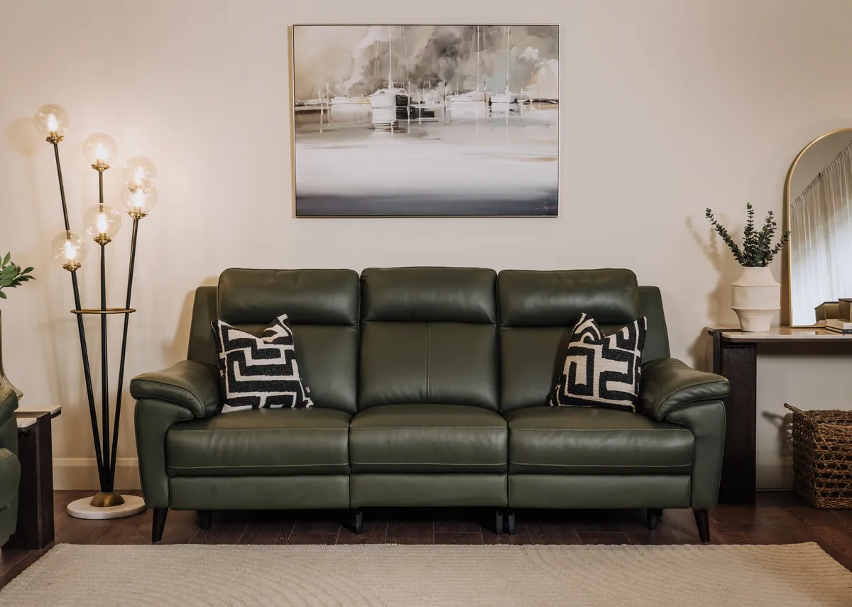 A lifestyle image of the Elliot leather sofa with Peaceful Mooring and Ortez floor lamp.