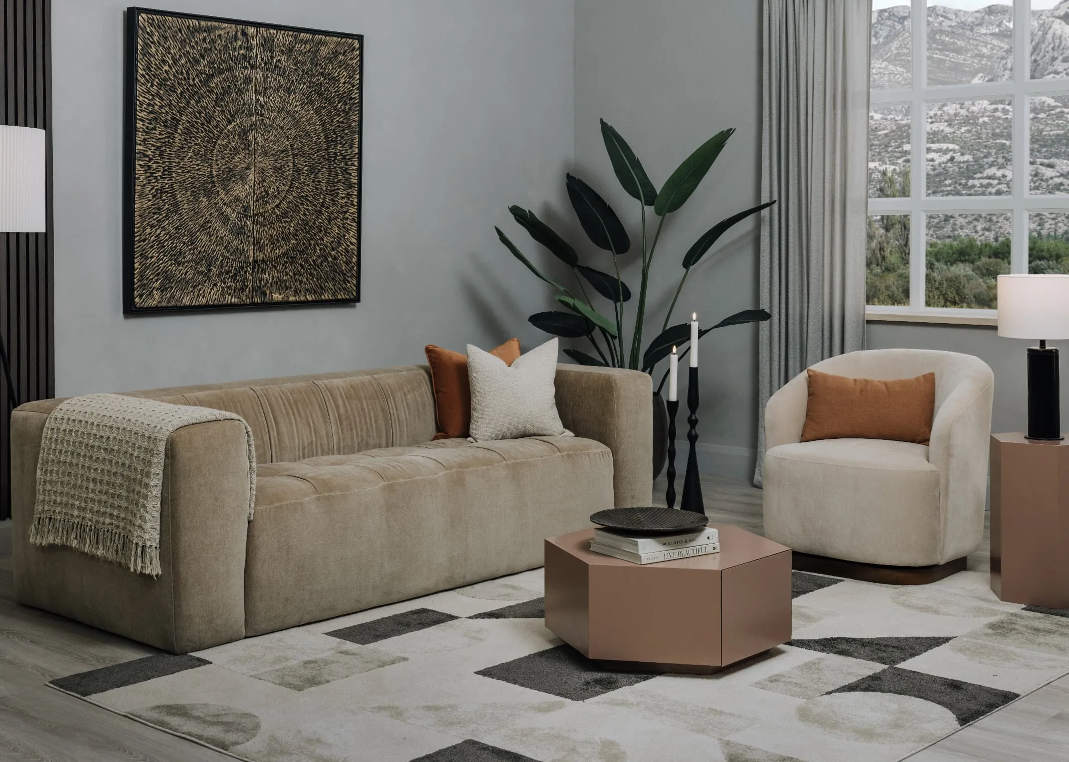 3 Seater Taupe Velvet Sofa - Hamilton