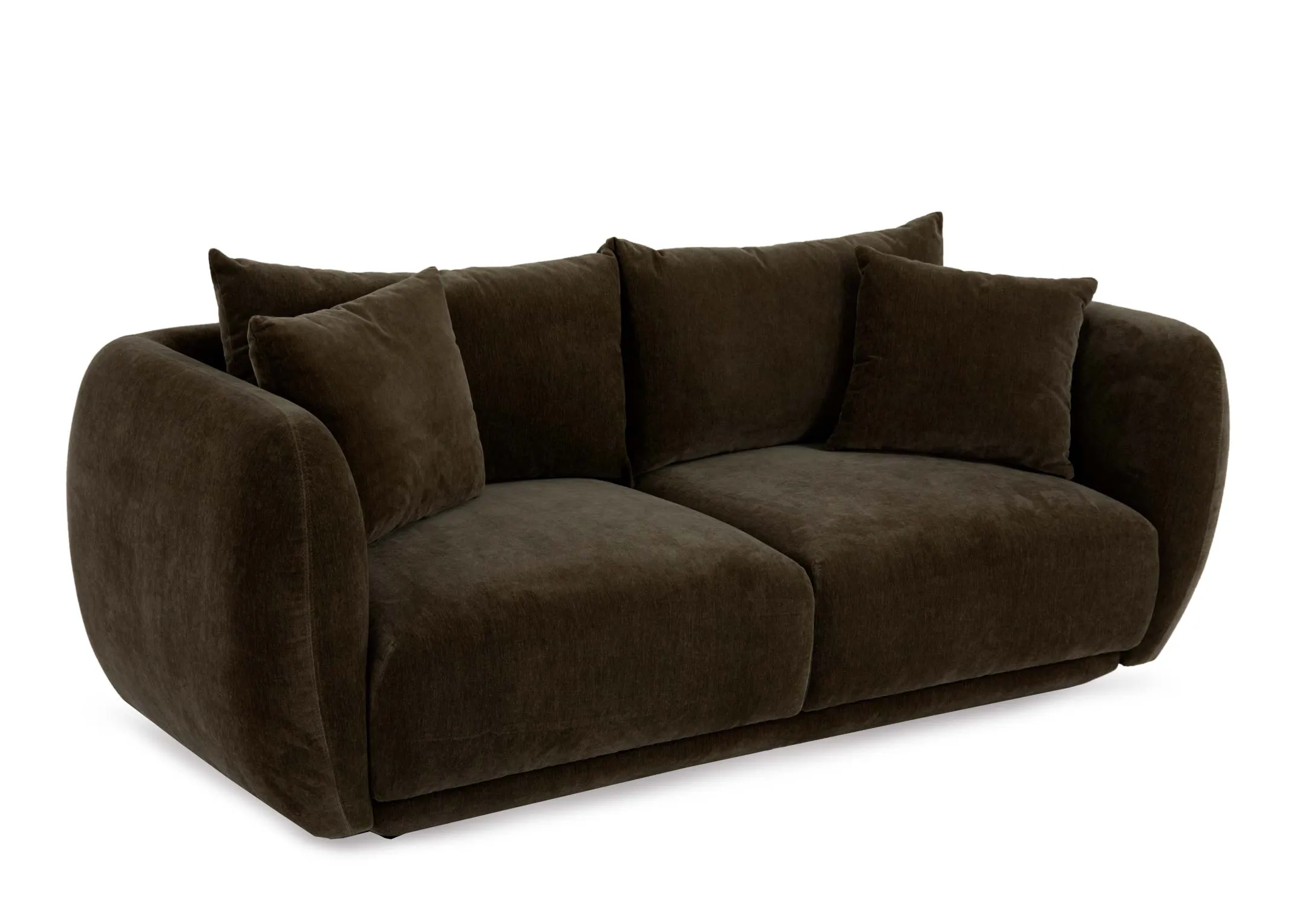 A green velvet 3 seater sofa from EZ Livings Helena range. Angled view of rounded edges.