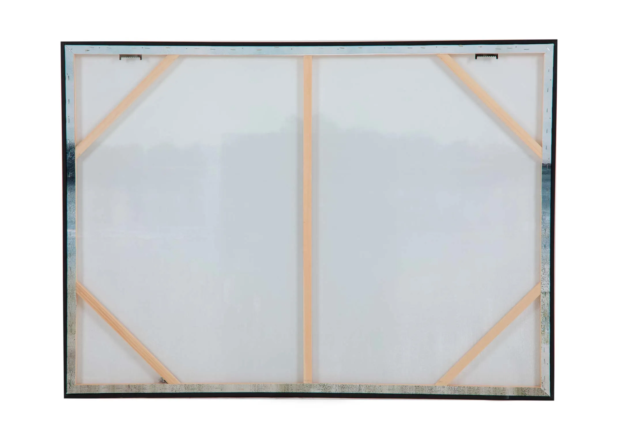 A framed lake landscape image in blue and white from EZ Livings Adrift range. Back veiw of canvas