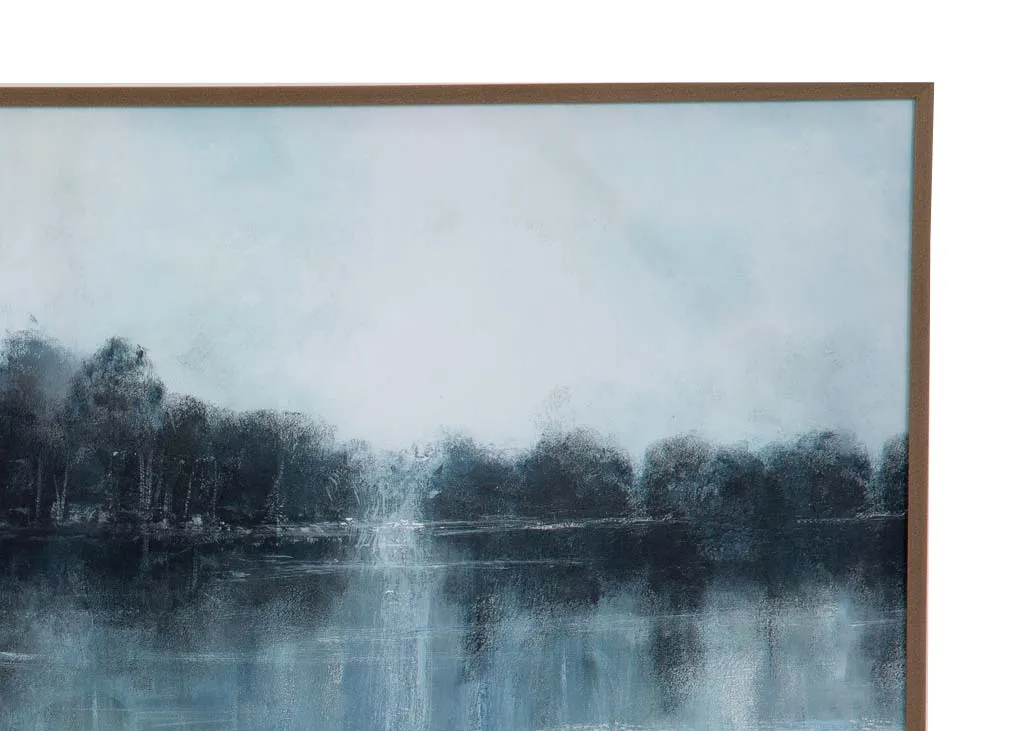 A framed lake landscape image in blue and white from EZ Livings Adrift range. Closeup of light blue sky