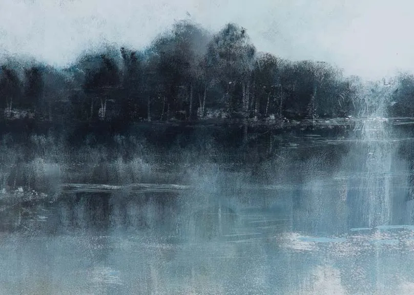 A framed lake landscape image in blue and white from EZ Livings Adrift range. Closeup of lake and trees.