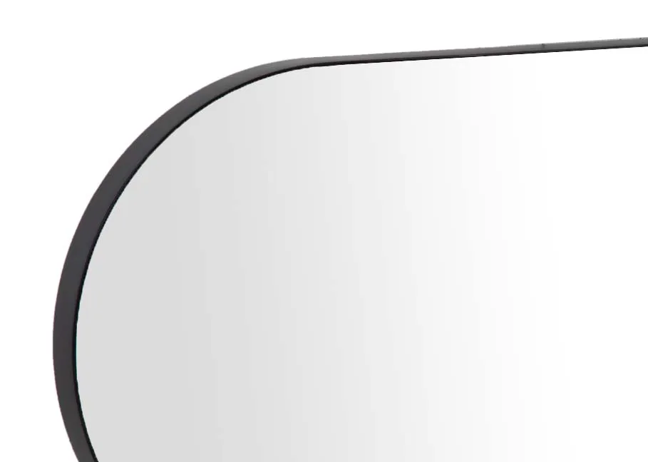 A long oval shaped mirror from EZ Livings Lathan range. Closeup of black trim.