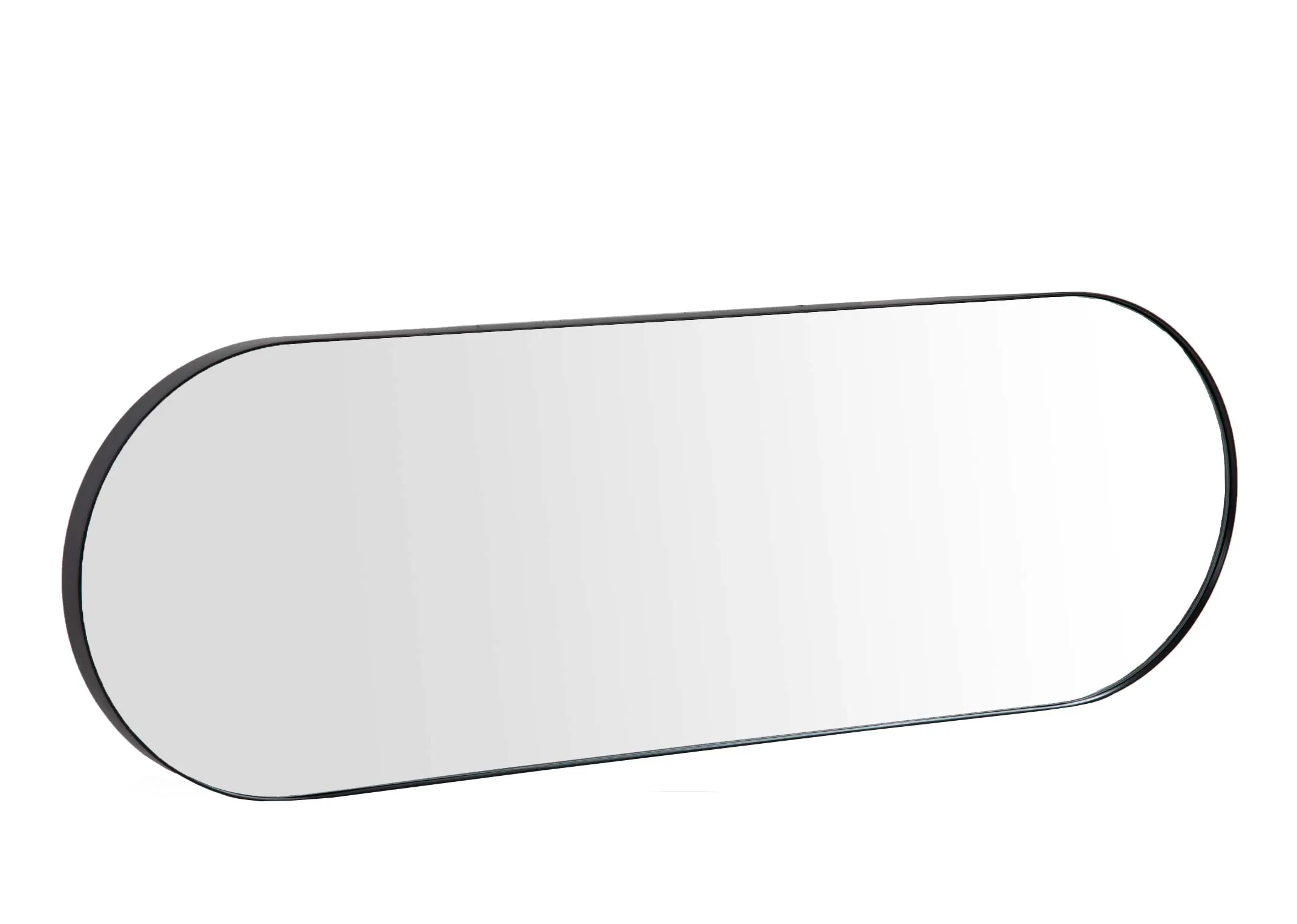A long oval shaped mirror from EZ Livings Lathan range. Horizontal view of mirror lengthways