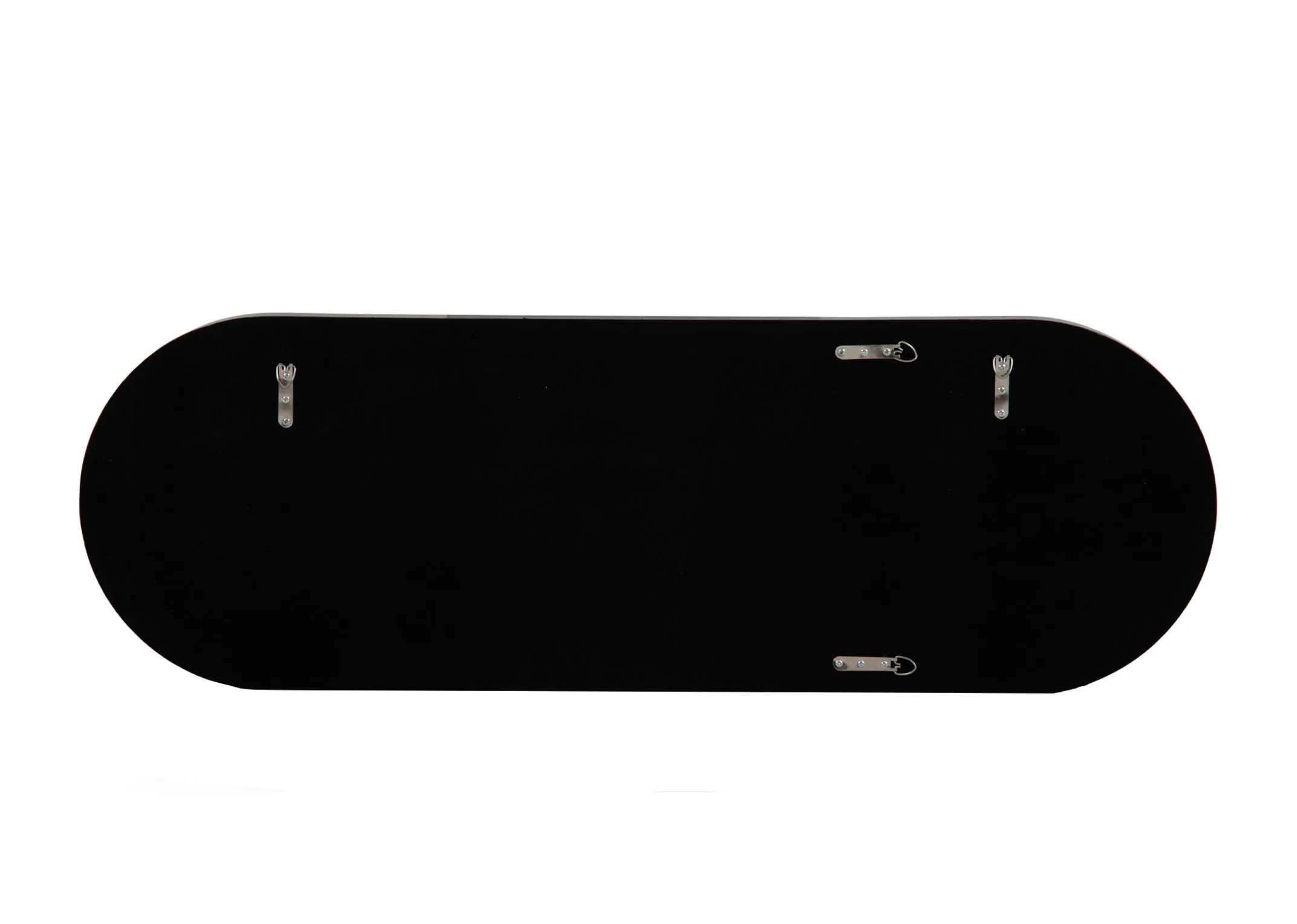 A long oval shaped mirror from EZ Livings Lathan range. Back view of wall hooks show mirror can be hung both ways