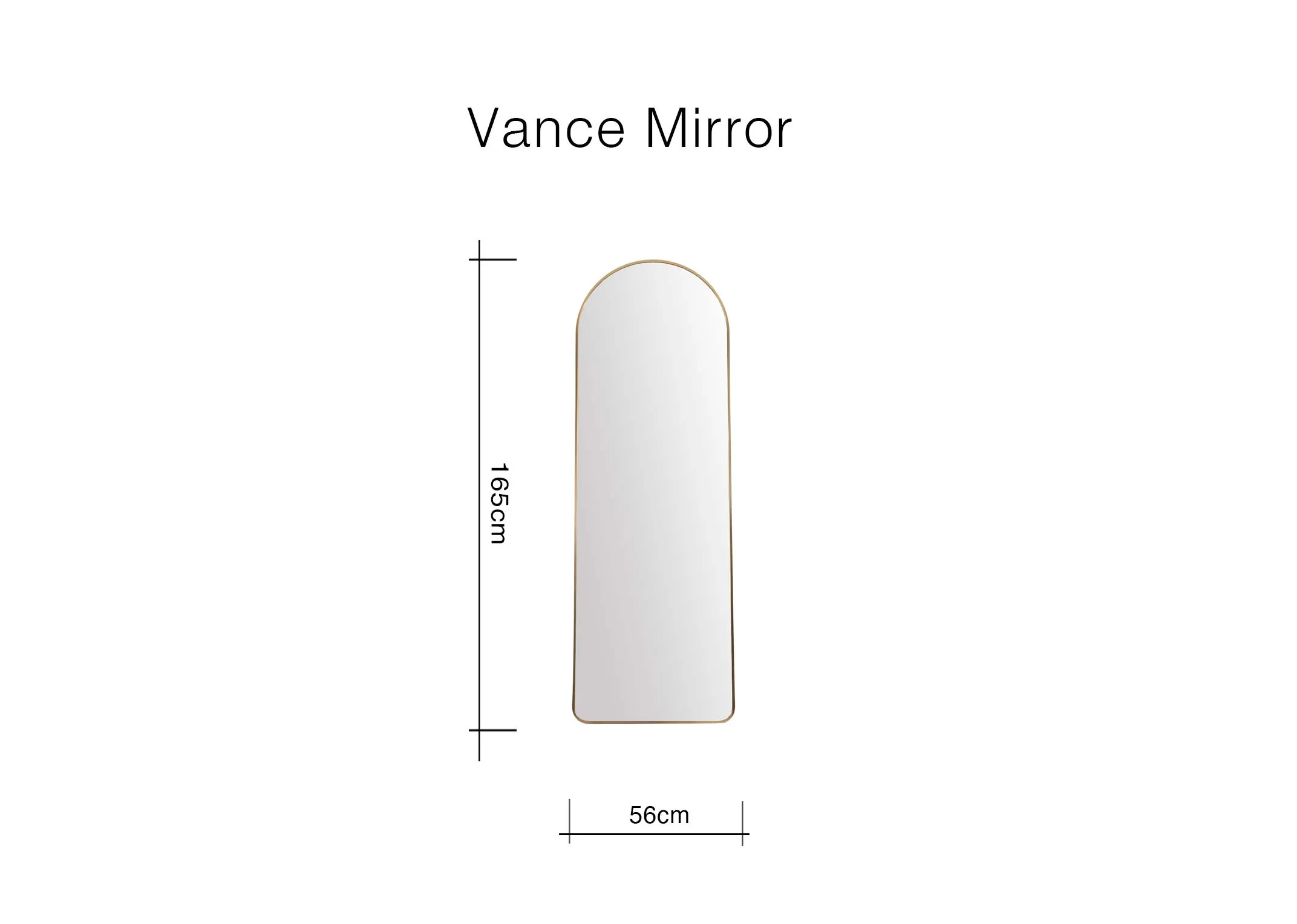 A dimension image of the Vance Mirror with 56cm x 165cm