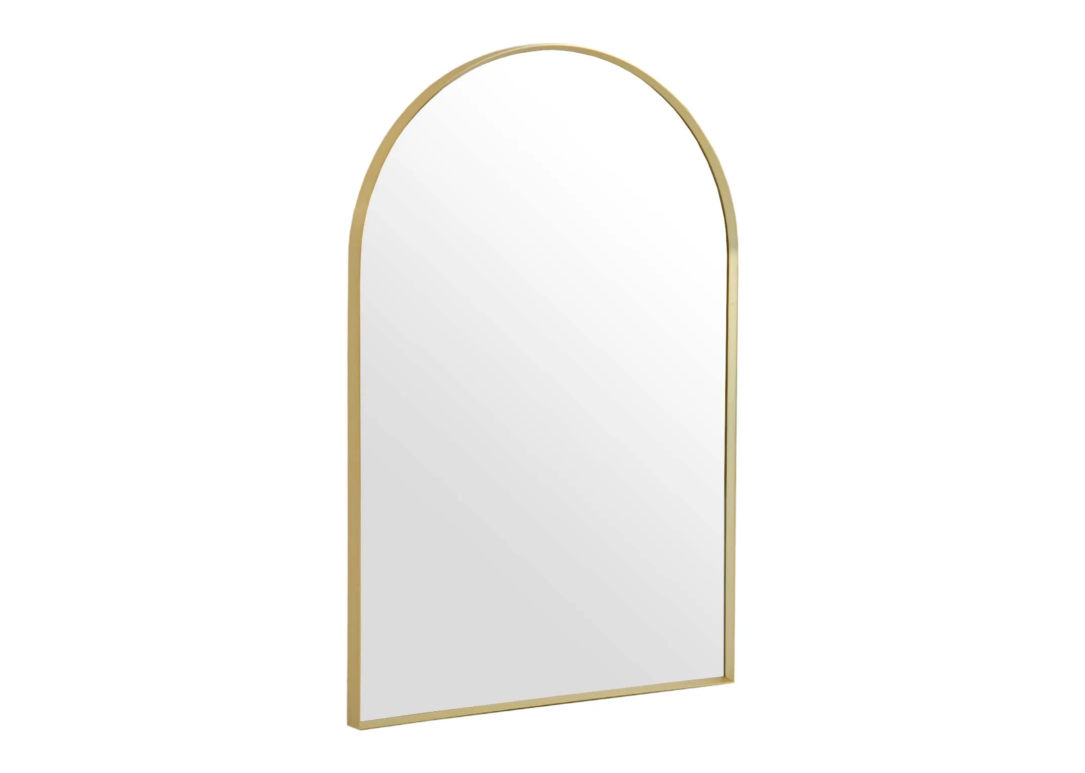 A gold arched mirror from EZ Livings Flynn range. Angled view