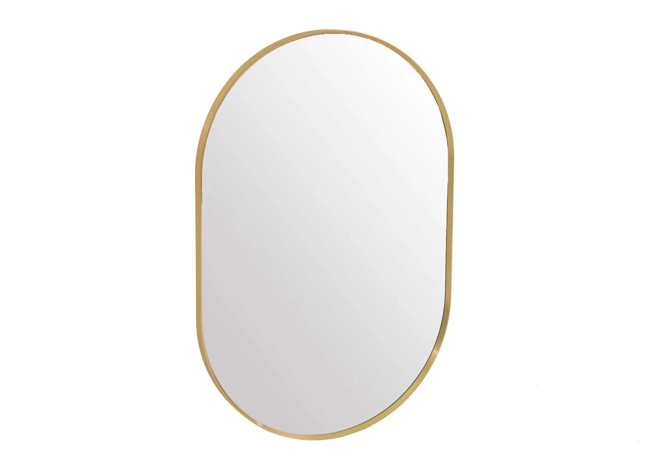 A gold framed oval mirror from EZ Livings Otto range.Angled view of thick gold frame
