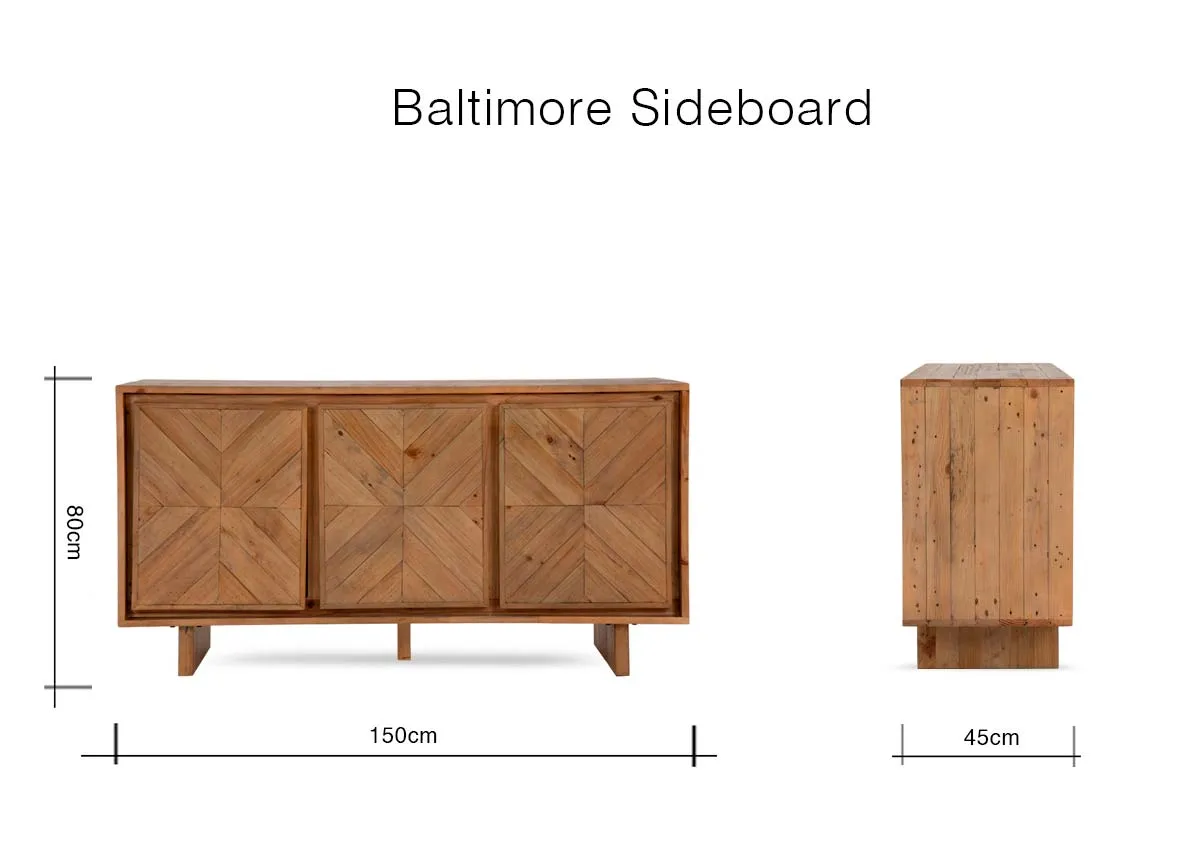 A dimension image of the Baltimore Sideboard with 150cm x 45cm x 80cm