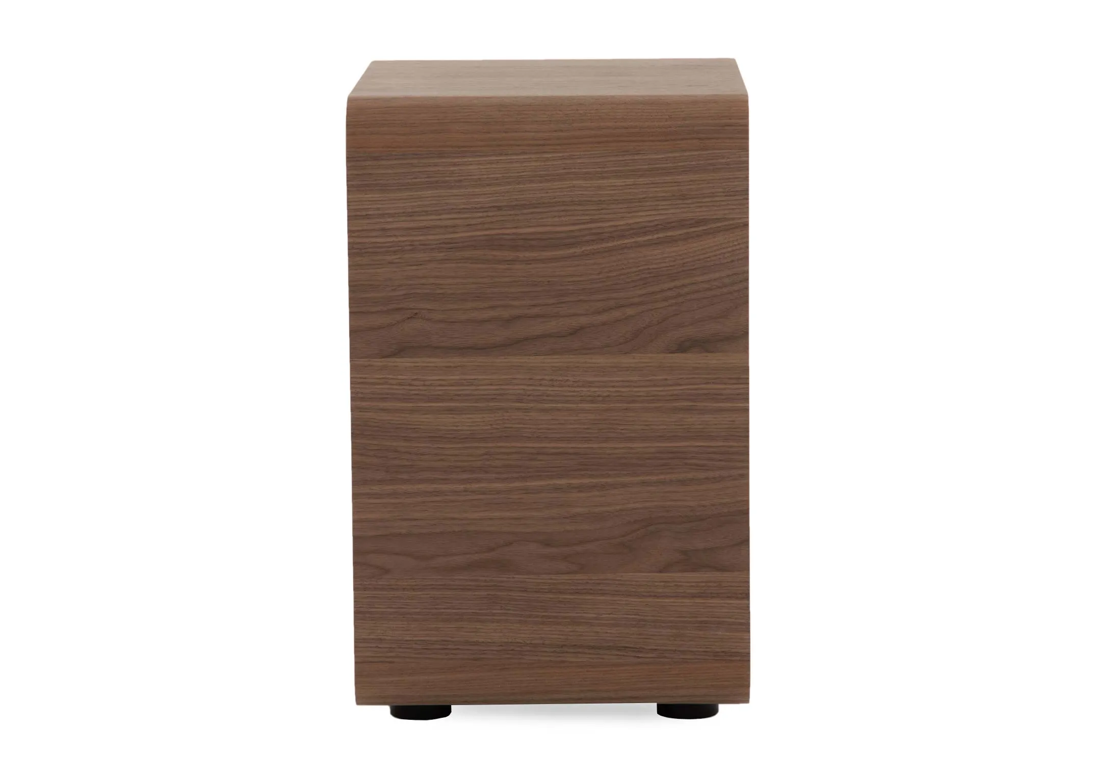 A walnut veneer lamp table from EZ Livings Uptown range.Side view of wood accent.