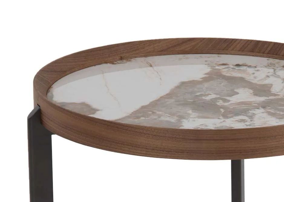 A round walnut and ceramic side table from EZ Livings Century range. Closeup of marble finish.