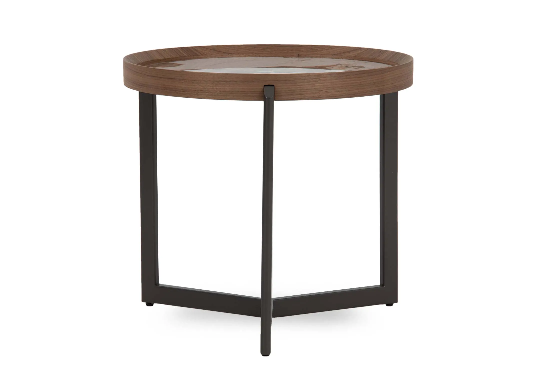A round walnut and ceramic side table from EZ Livings Century range.Front view of metal base