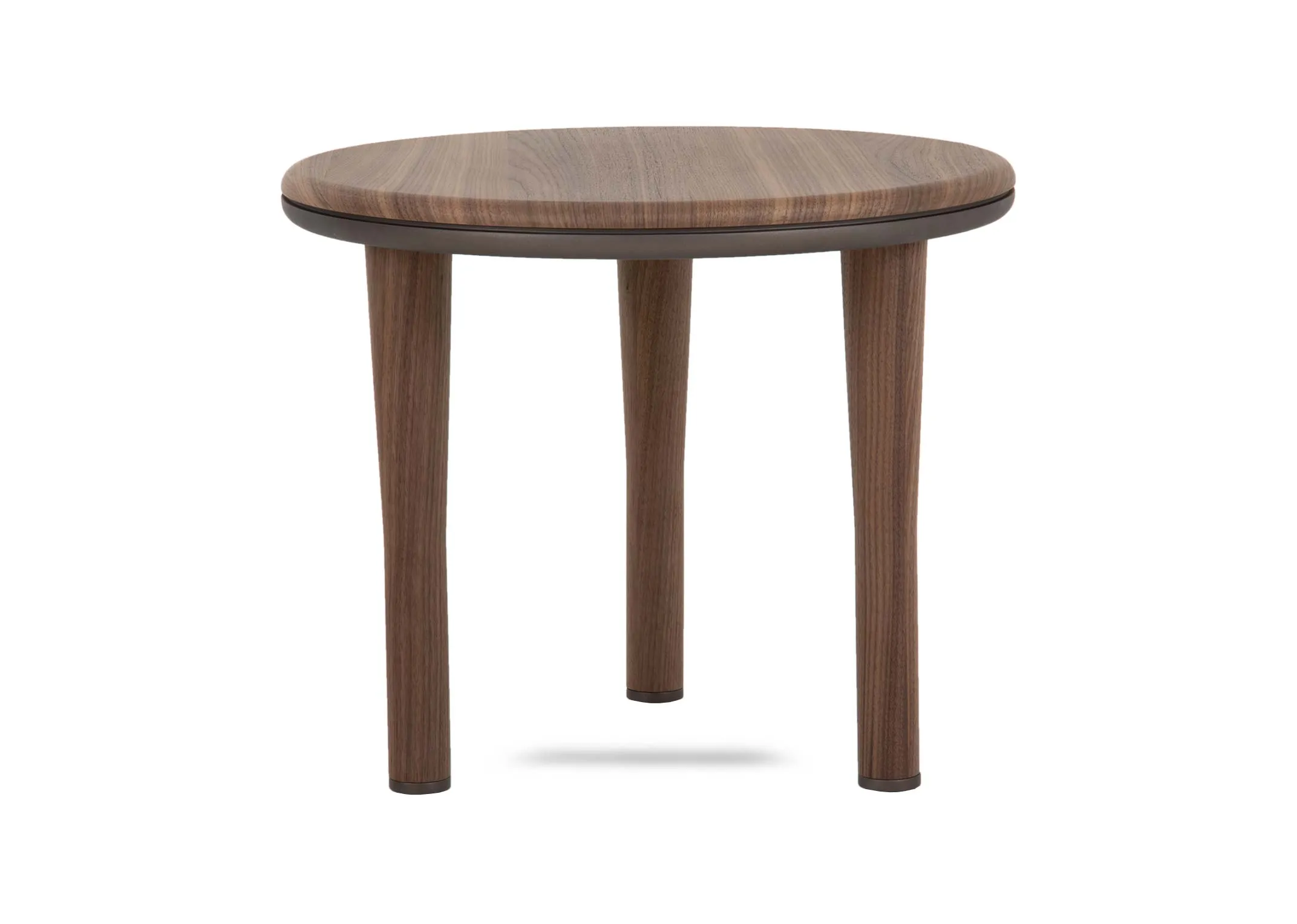 A round walnut side table from EZ Livings Breeze range. Front view of supportive legs