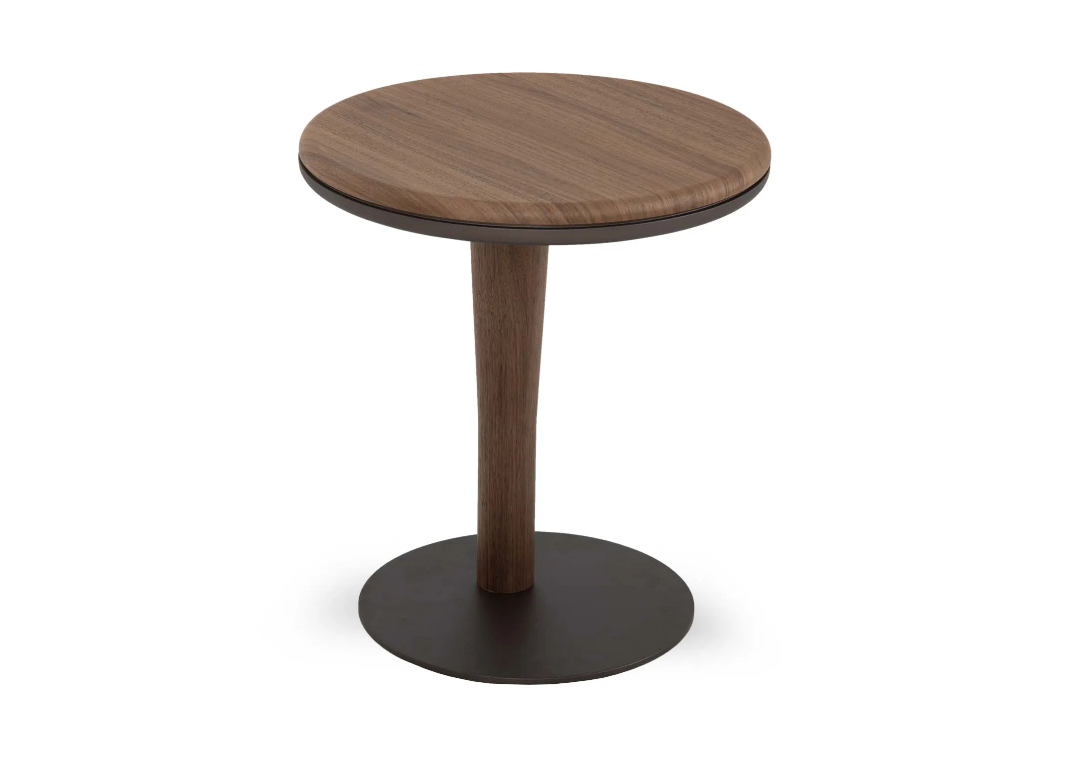A round walnut sofa table with metal base from EZ Livings Breeze range. Angled view.