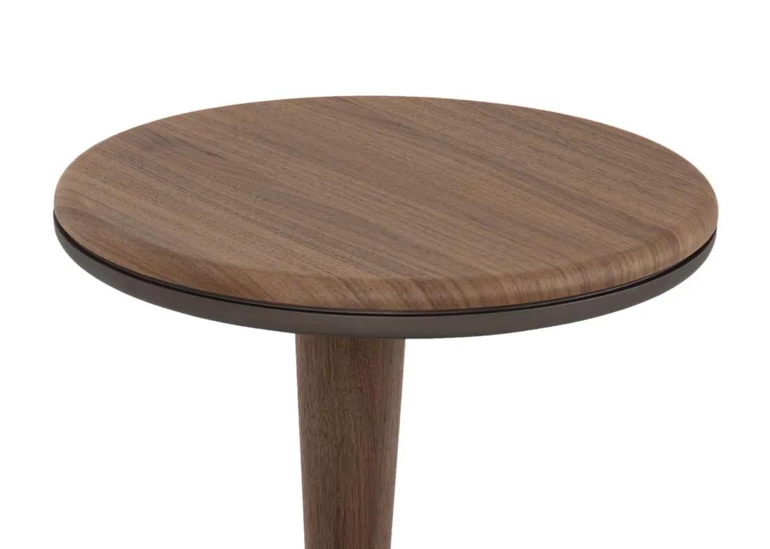A round walnut side table from EZ Livings Breeze range. Closeup of wood finish.