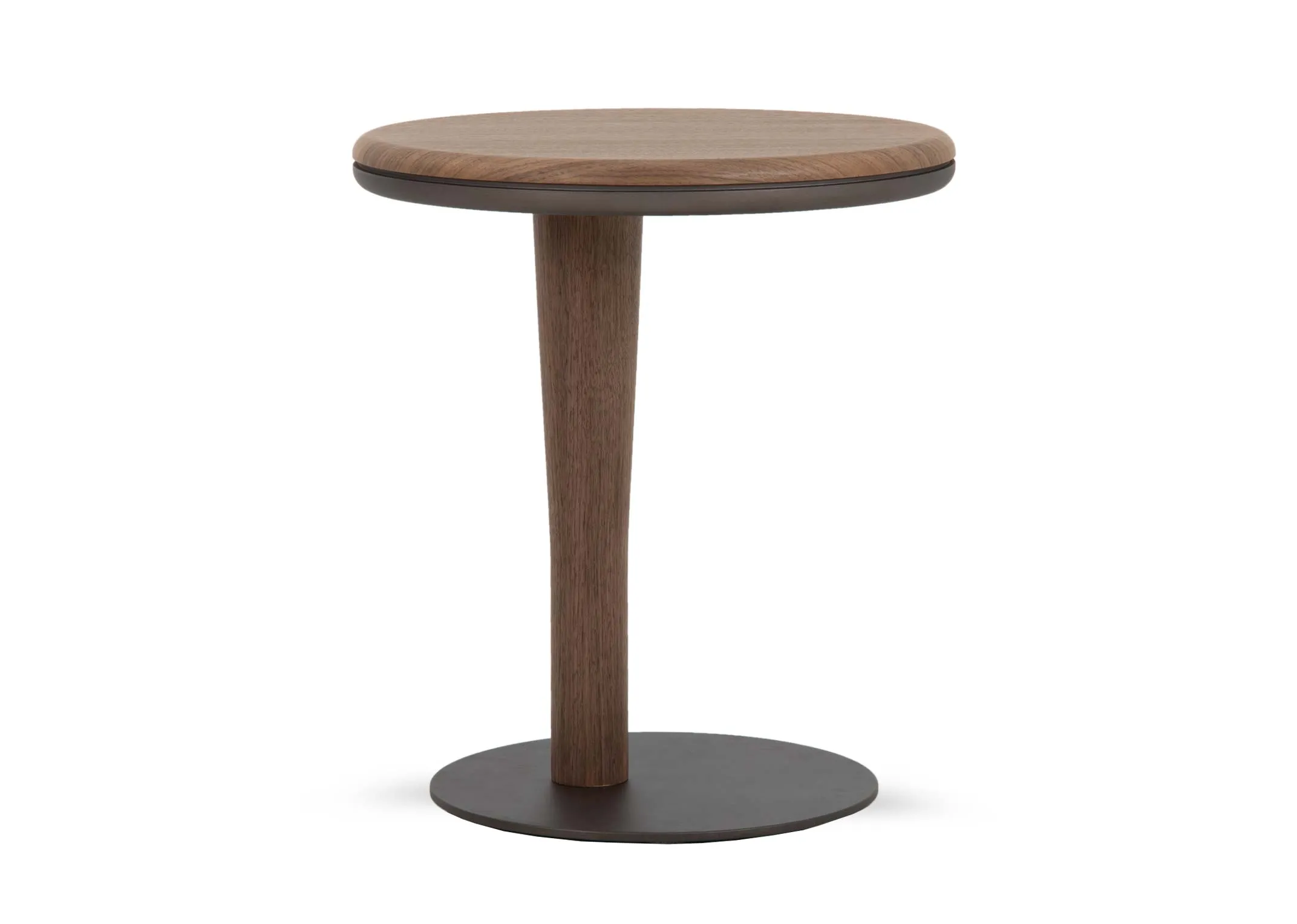 A round walnut side table from EZ Livings Breeze range. Front view