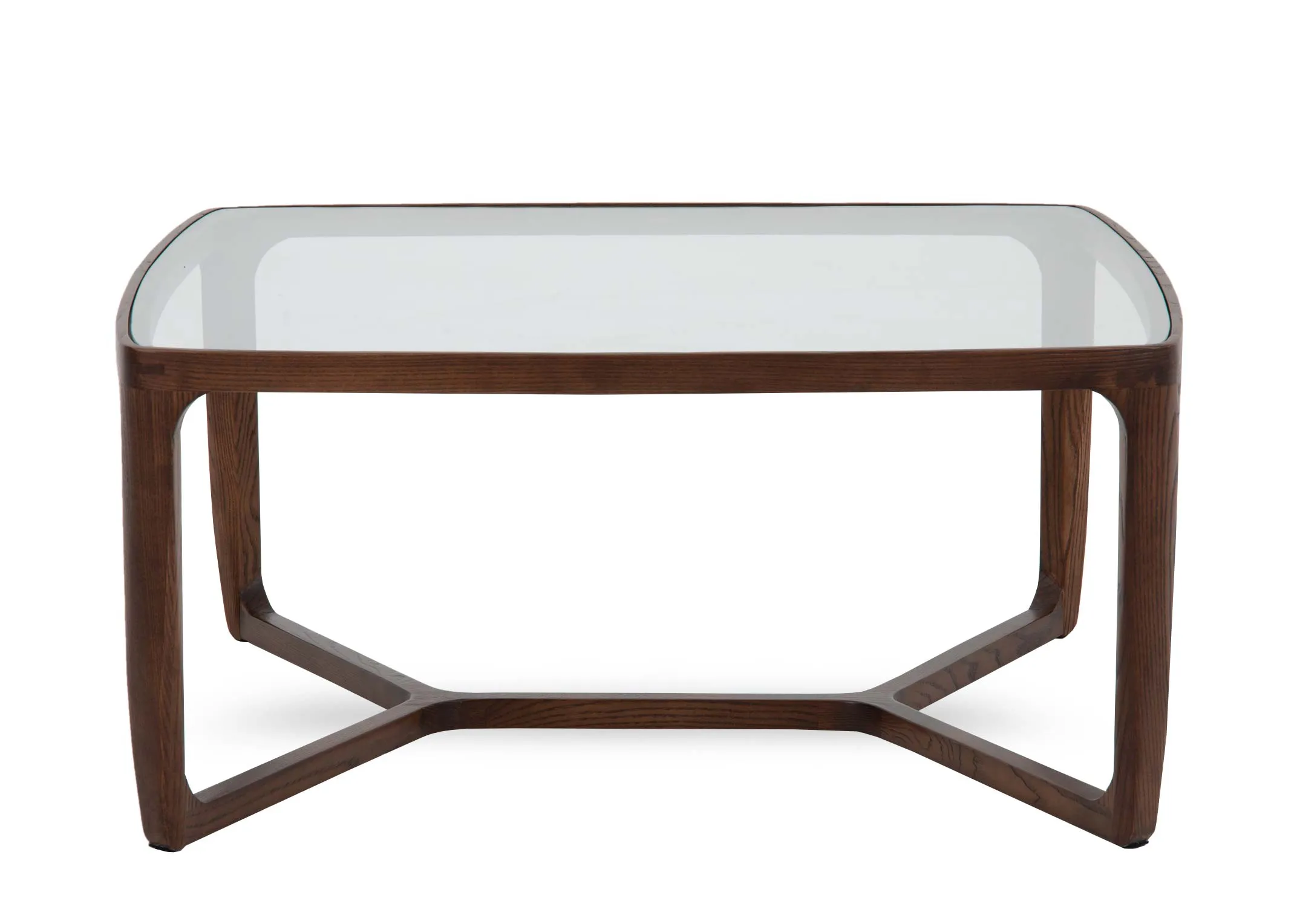 A square ash table with glass table top from EZ Livings Cameo range. Front view of bonded legs.