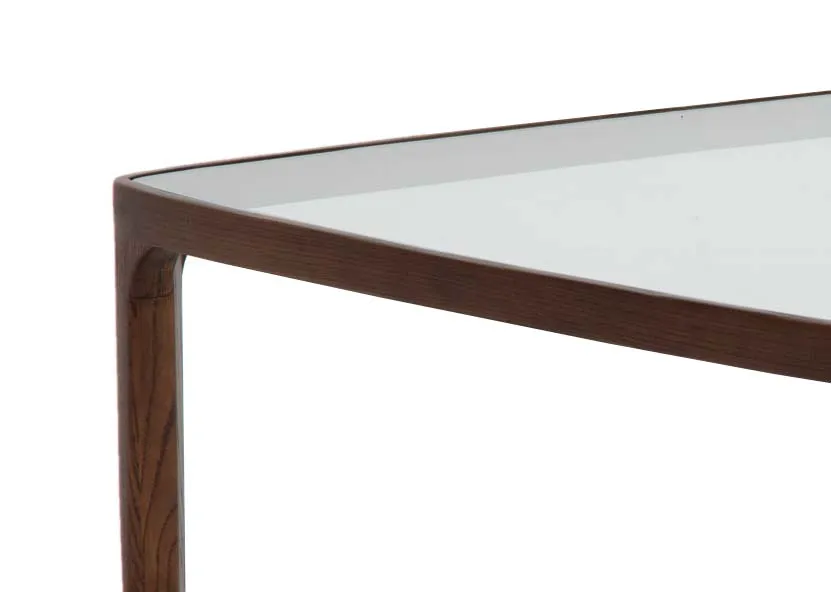 A square ash table with glass table top from EZ Livings Cameo range.Closeup of ash wood texture & finish.