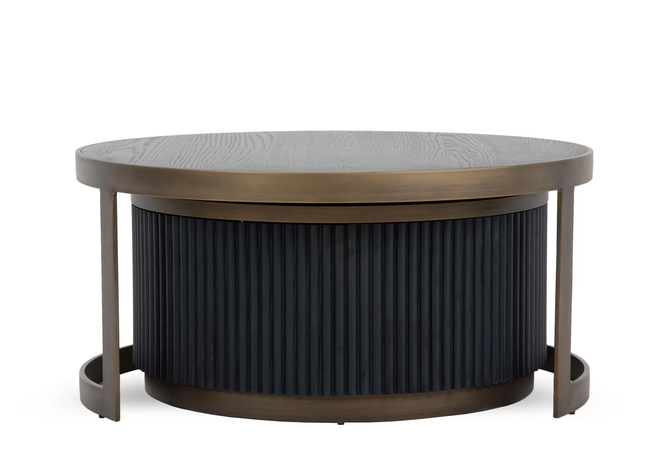 A nest of 2 round tables one inserted into the other from EZ Livings Palm range. Side view of 2 tables as 1