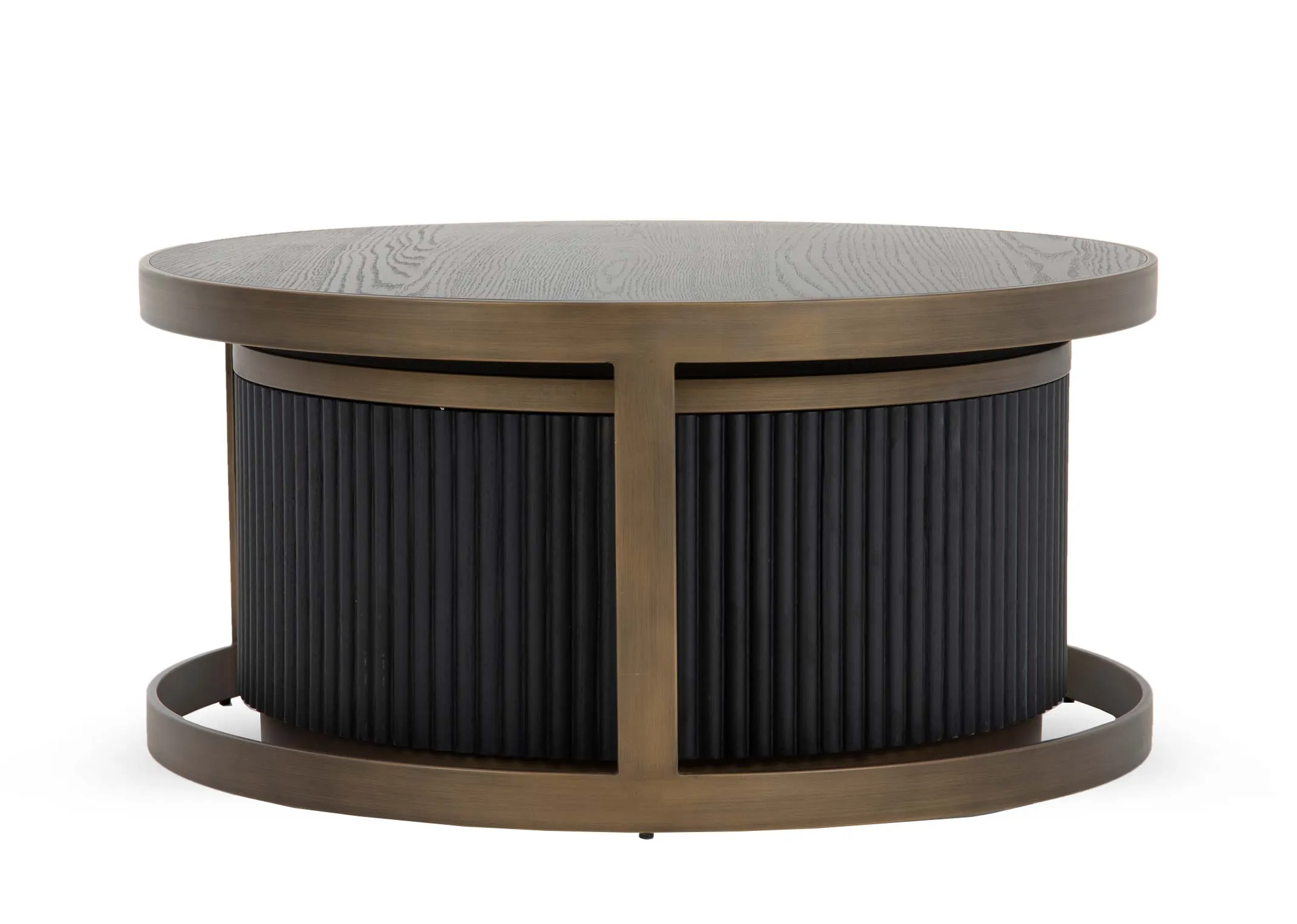 A nest of 2 round tables one inserted into the other from EZ Livings Palm range. Front view of 2 tables as one