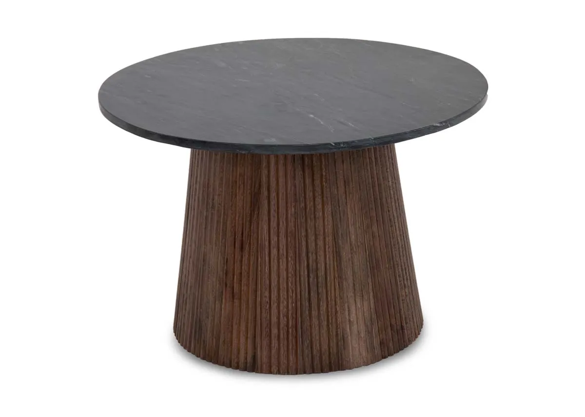 A round mango wood side table with black marble top from EZ Livings Kira range. Angled view