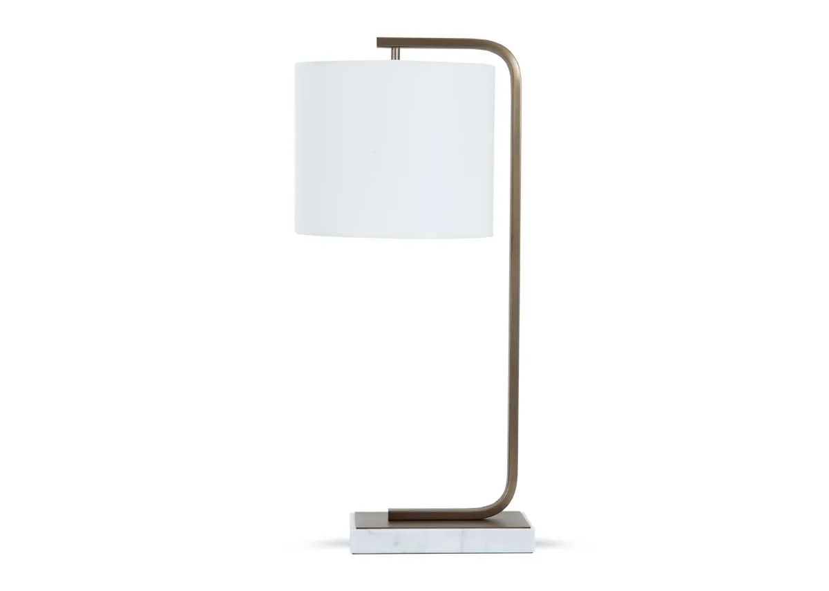 A gold metal table lamp with White shade from EZ Livings Phoenix range. Front view.