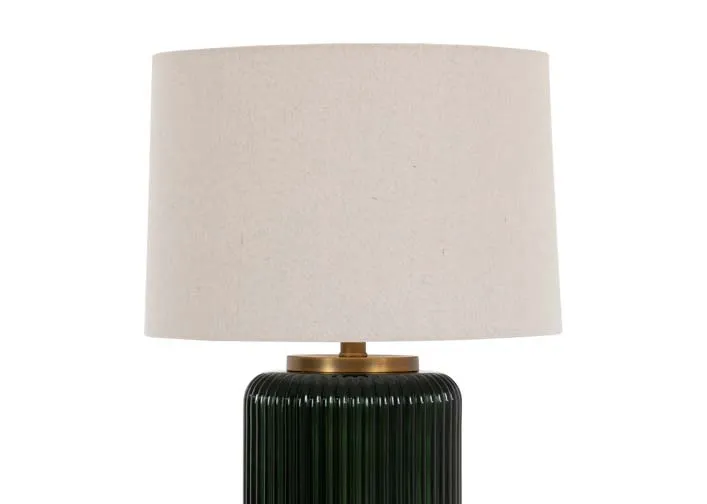 A ribbed gloss black table lamp with large white shade from EZ Livings Vail range. Closeup of large drum shade.