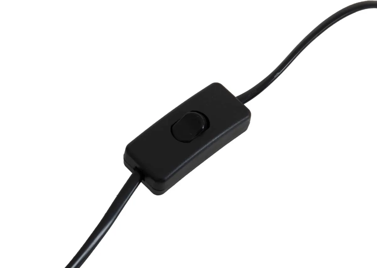 A tall white table lamp from EZ Livings Inny range. Closeup of black inline switch