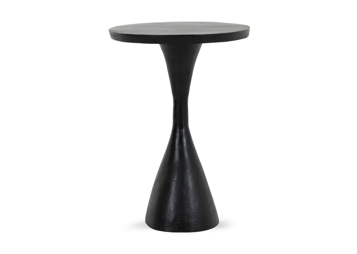 A black side table from EZ Livings Bulan range. Front view of painted finish.
