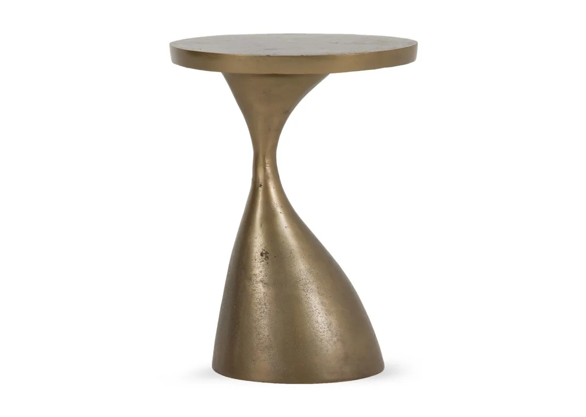 A gold side table from EZ Livings Bulan range.Front view of painted brass finish