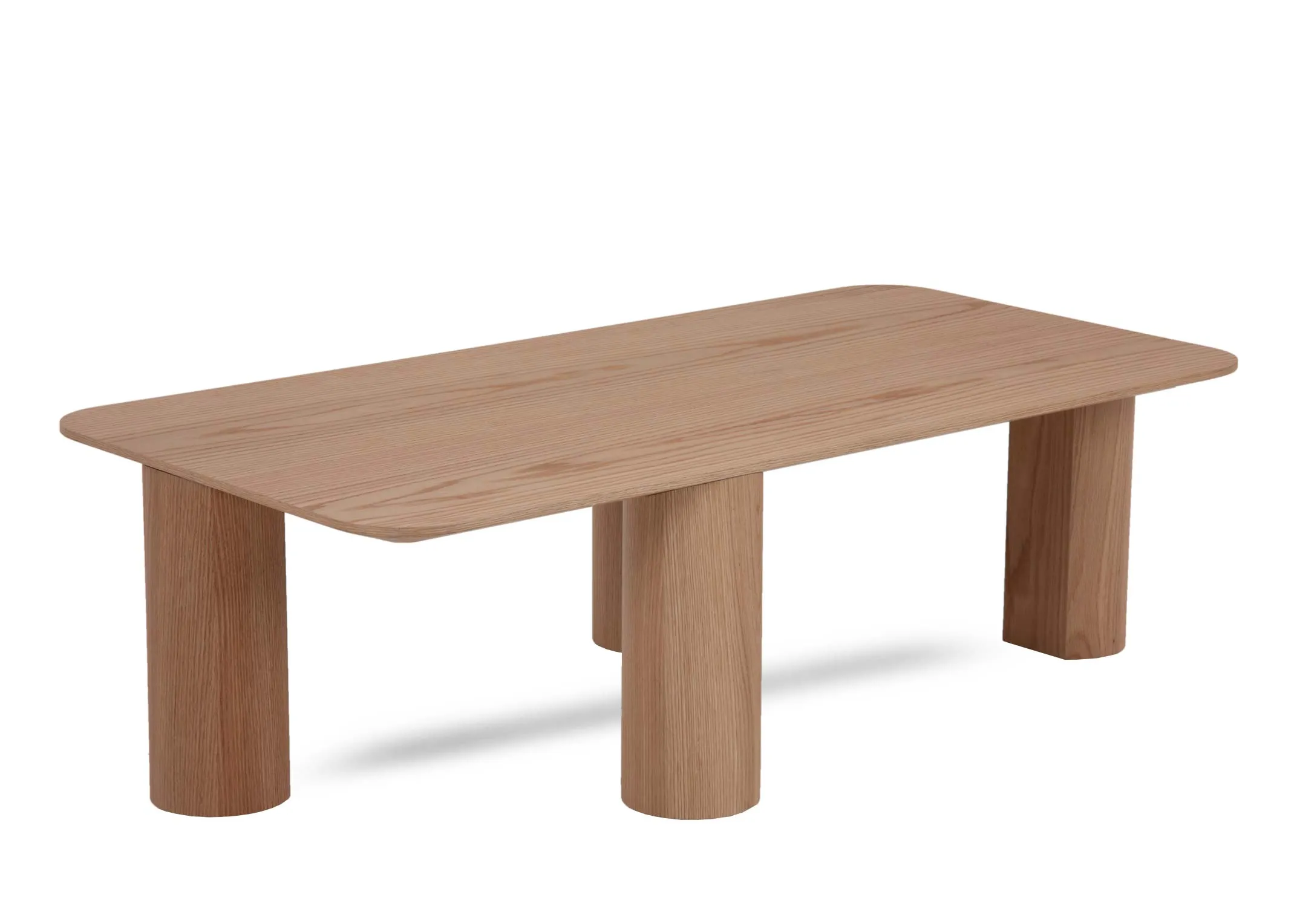 A rectangular oak veneer coffee table with 4 chunky legs from EZ Livings Kasper range. Angled view of oak veneer finish.