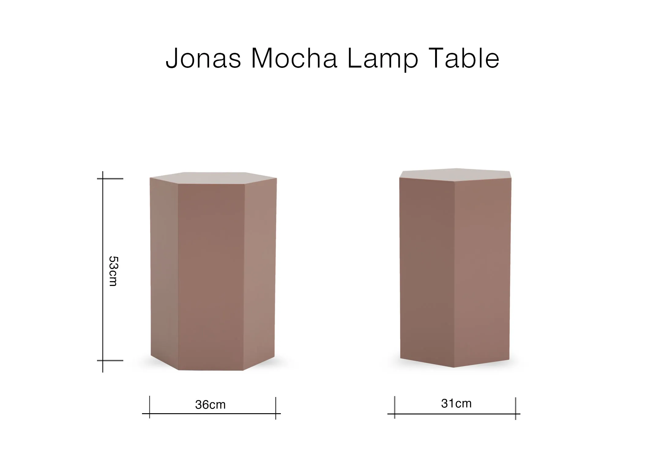A dimension image of the Jonas Mocha Lamp Table with 36cm x 31cm x 53cm